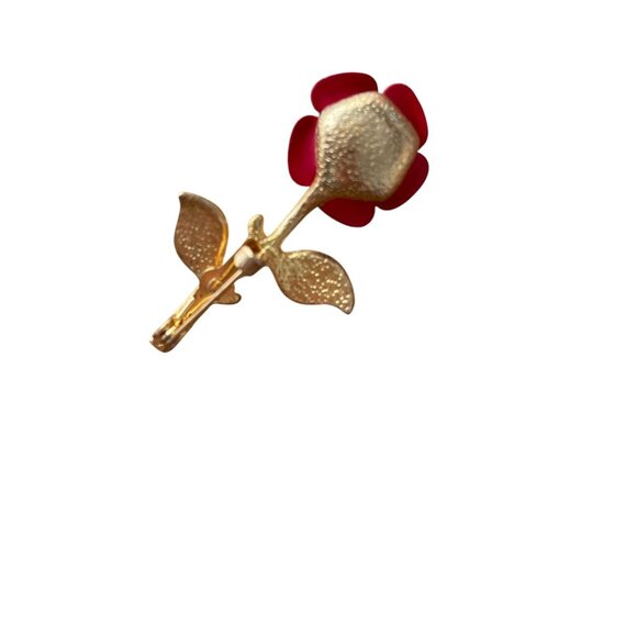 Vintage Red Rose Brooch Gold Tone - Picture 3 of 4